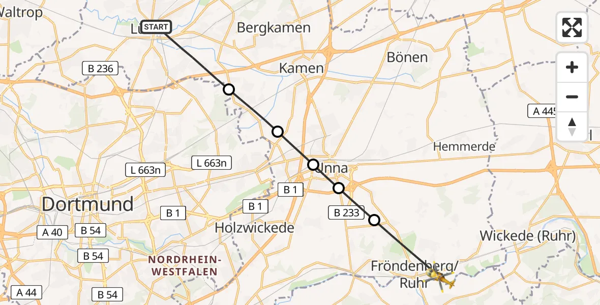 Flugroute Rettungshubschrauber Lünen - Fröndenberg/Ruhr, 16 Juni 2026, 16:45