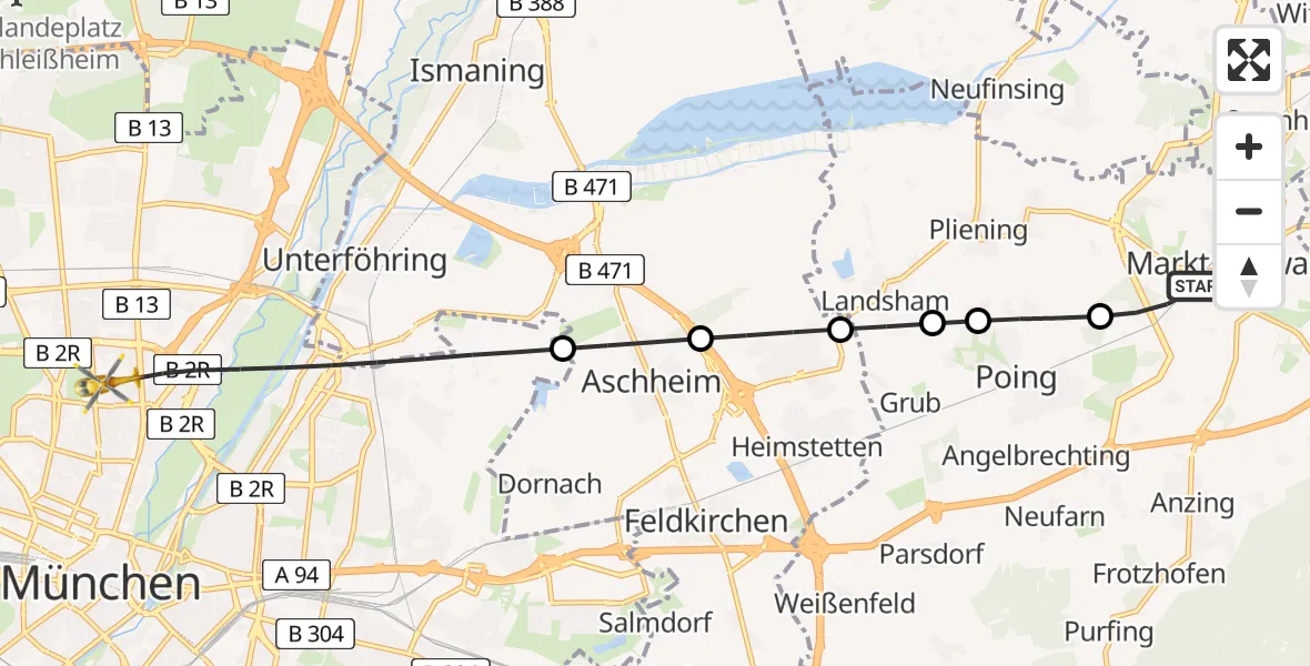 Flugroute Rettungshubschrauber Markt Schwaben - München, 16 Juni 2026, 16:46