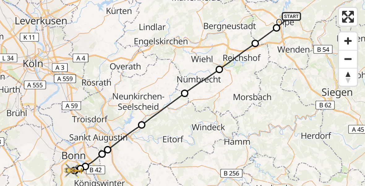Flugroute Rettungshubschrauber Olpe - Bonn University Hospital, 16 Juni 2026, 16:50