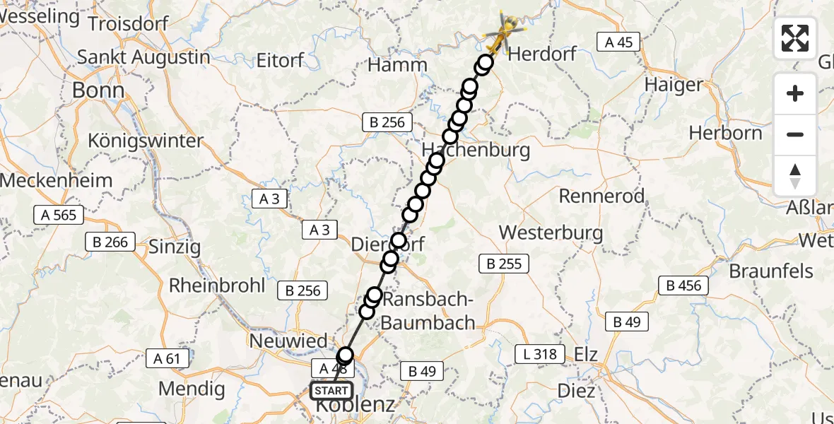 Flugroute Rettungshubschrauber Koblenz - Betzdorf, 16 Juni 2026, 16:55
