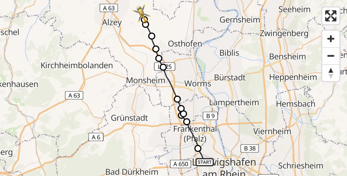 Flugroute Rettungshubschrauber Ludwigshafen am Rhein - Framersheim, 16 Juni 2026, 16:55