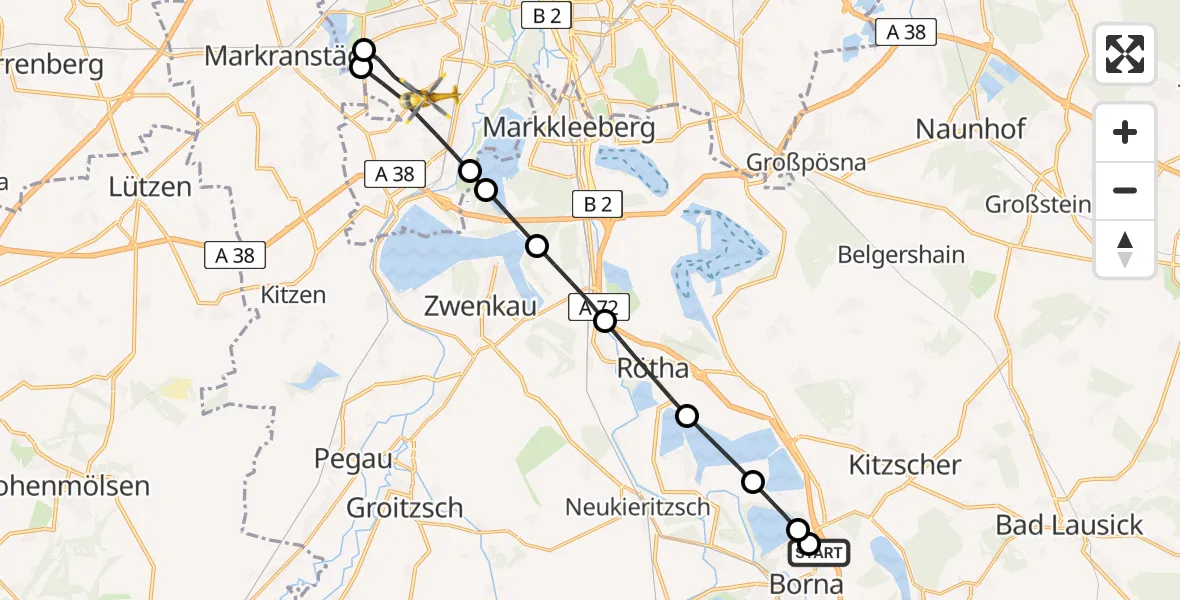 Flugroute Rettungshubschrauber Sana Hospital Borna - Leipzig, 16 Juni 2026, 16:58