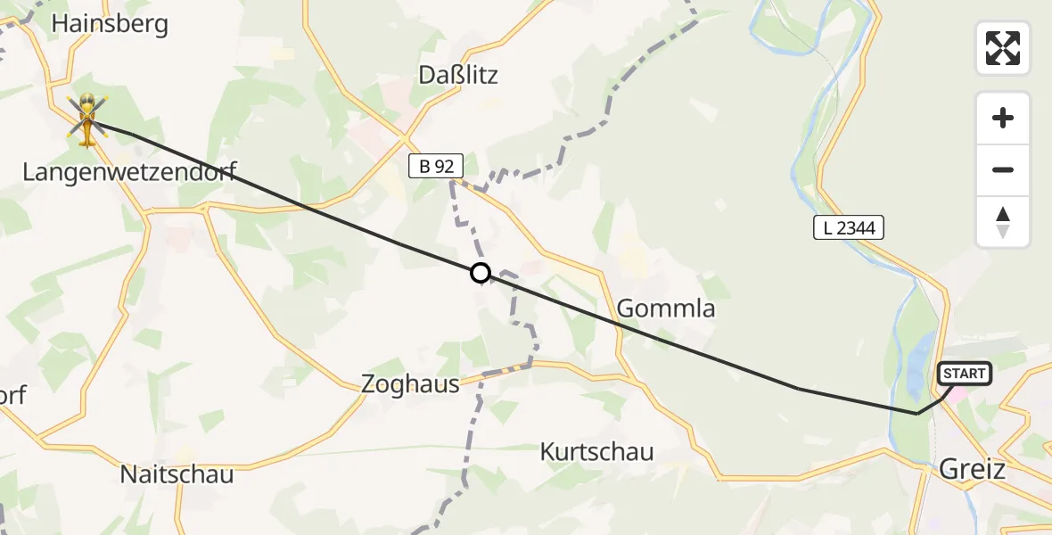Flugroute Rettungshubschrauber Greiz - Langenwetzendorf, 16 Juni 2026, 17:00