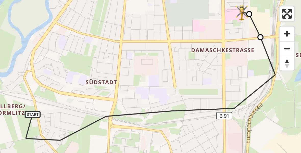 Flugroute Rettungshubschrauber Halle (Saale) - BG Hospital Bergmannstrost Halle, 16 Juni 2026, 17:02