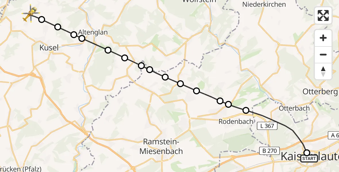 Flugroute Rettungshubschrauber Westpfalz Hospital Kaiserslautern - Körborn, 16 Juni 2026, 17:04