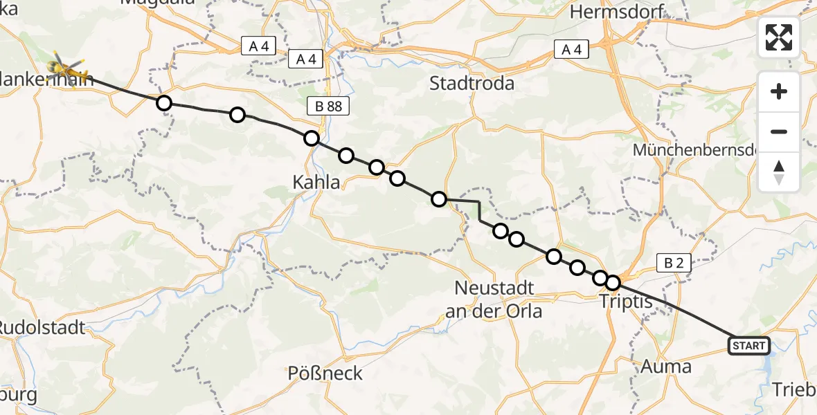 Flugroute Rettungshubschrauber Auma-Weidatal - Blankenhain, 16 Juni 2026, 17:06