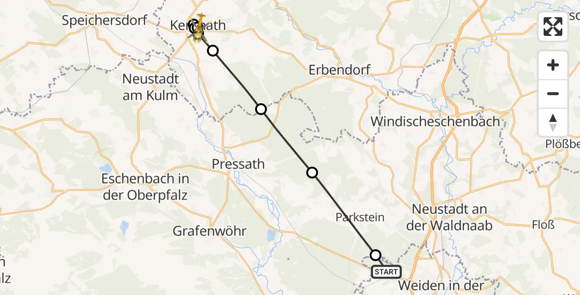 Flugroute Rettungshubschrauber Weiden i.d.OPf. - Nordoberpfalz Hospital Kemnath, 16 Juni 2026, 17:07