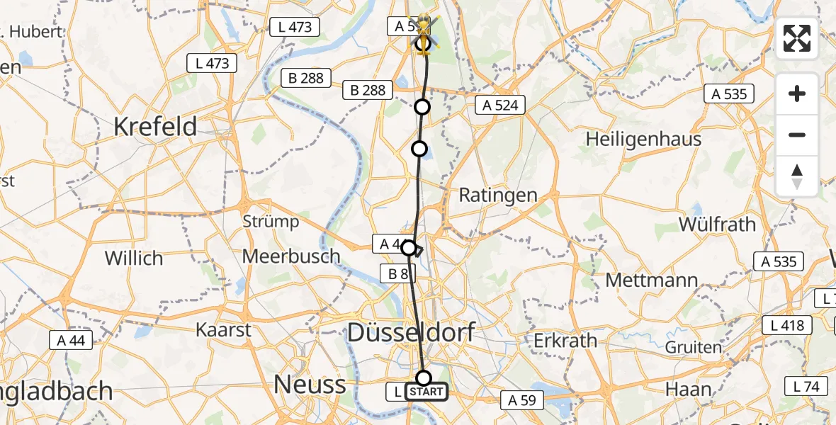 Flugroute Rettungshubschrauber Düsseldorf University Hospital - Duisburg Air Rescue Hubschrauberlandeplatz (Christoph 9), 16 Juni 2026, 17:10