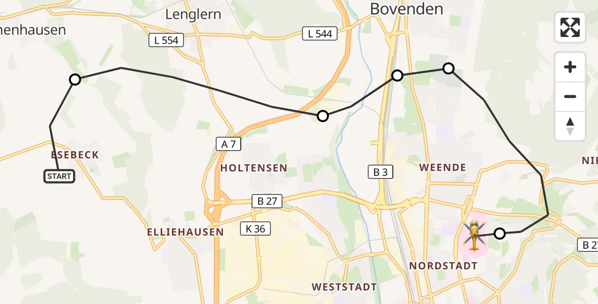 Flugroute Rettungshubschrauber Göttingen - Göttingen University Clinic Hubschrauberlandeplatz, 16 Juni 2026, 17:11