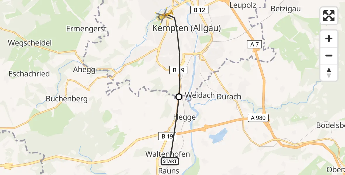 Flugroute Rettungshubschrauber Waltenhofen - Kempten (Allgäu), 16 Juni 2026, 17:13