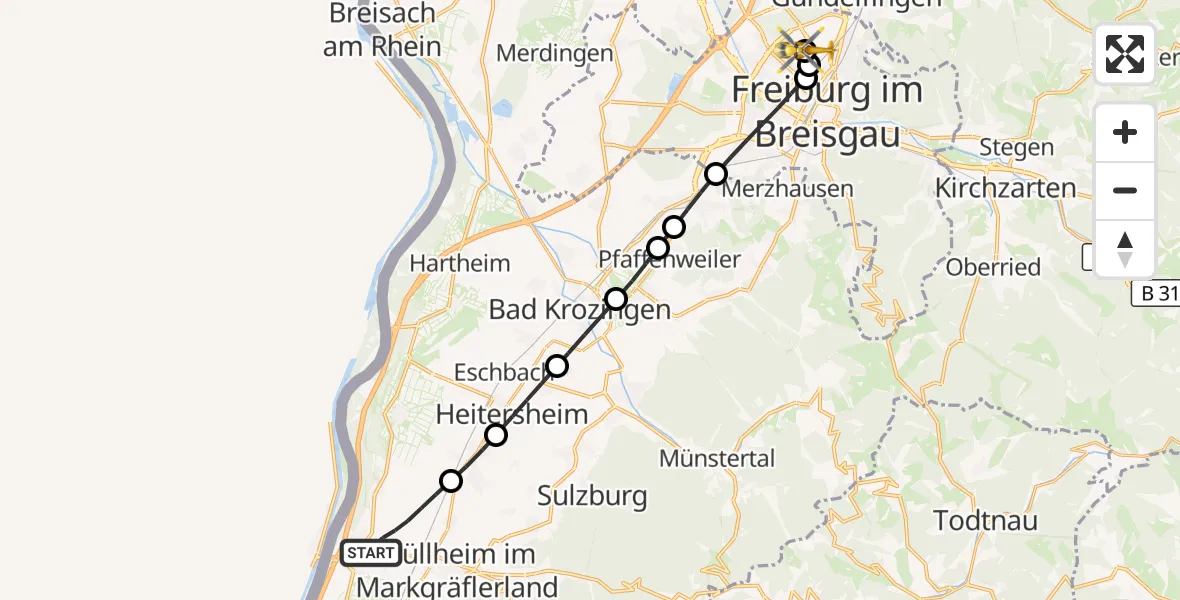 Flugroute Ambulanzhubschrauber Müllheim im Markgräflerland - Freiburg im Breisgau Flugplatz, 16 Juni 2026, 17:22