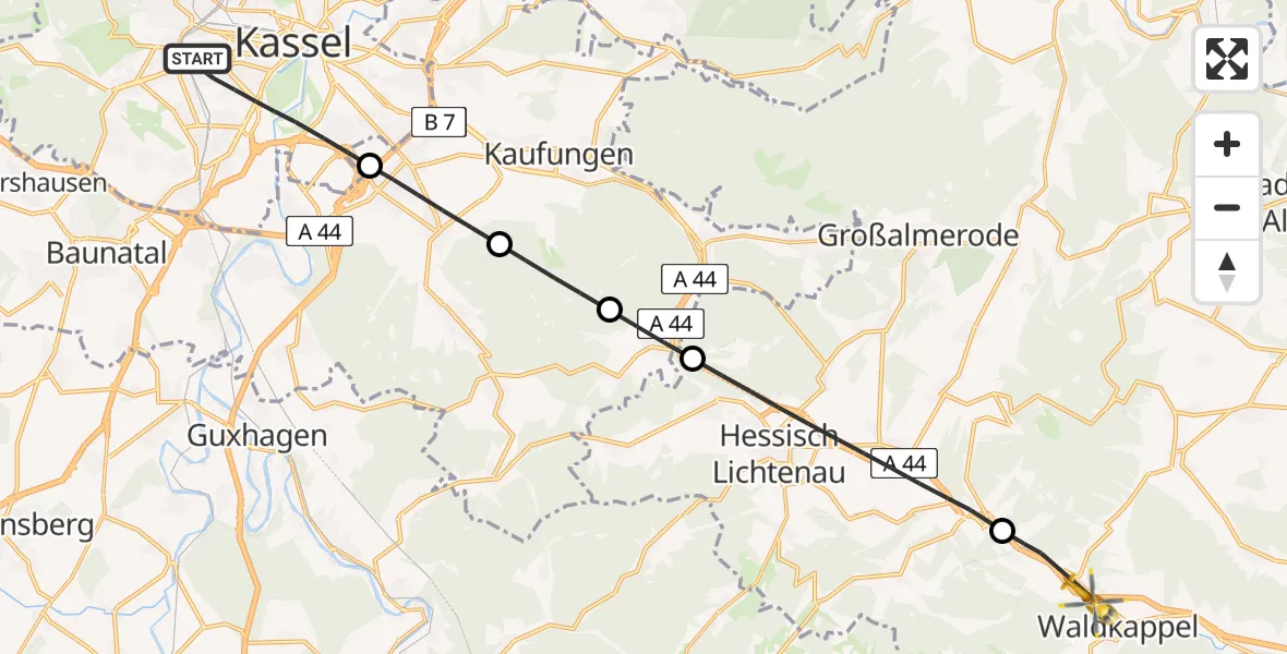 Flugroute Rettungshubschrauber Kassel - Waldkappel, 16 Juni 2026, 17:24