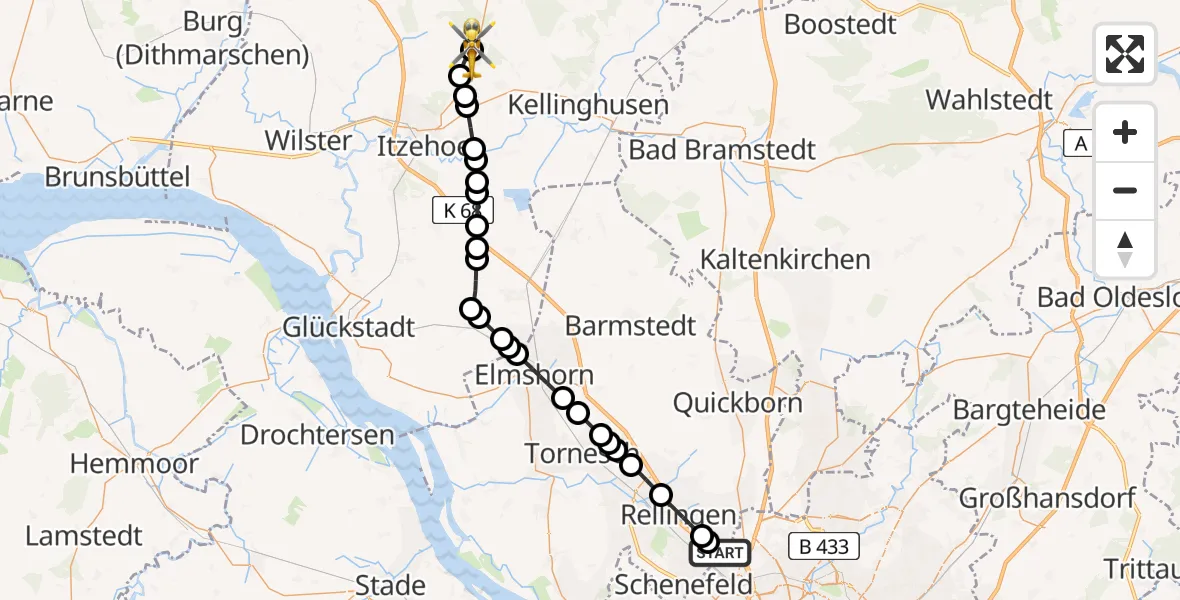 Flugroute Rettungshubschrauber Rellingen - Itzehoe Hungriger Wolf Flugplatz, 16 Juni 2026, 17:26