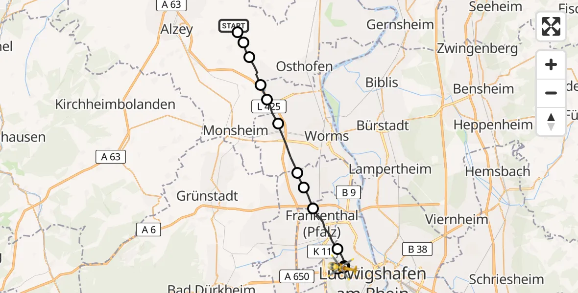 Flugroute Rettungshubschrauber Framersheim - Ludwigshafen Accident Hospital, 16 Juni 2026, 17:26