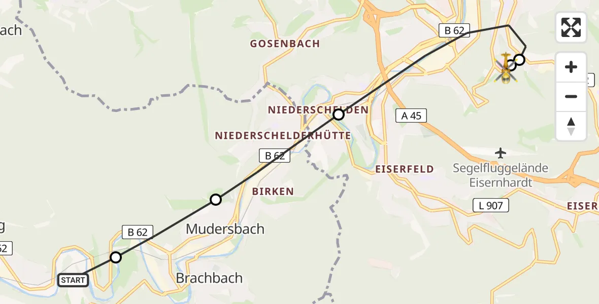 Flugroute Rettungshubschrauber Kirchen (Sieg) - Evangelisches Jung-Stilling Hospital, 16 Juni 2026, 17:32