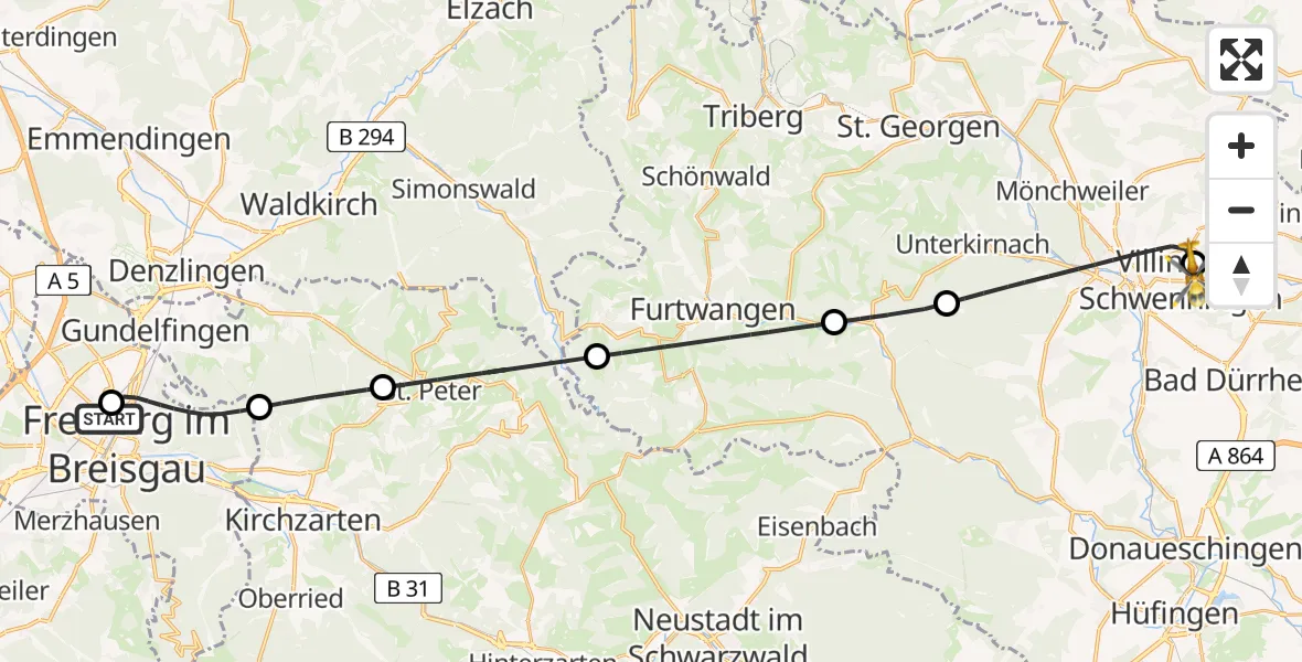 Flugroute Ambulanzhubschrauber Freiburg University Hospital Heliport 1 - DRF Air Rescue Station Villingen-Schwenningen Hubschrauberlandeplatz (Christoph 11), 16 Juni 2026, 17:33