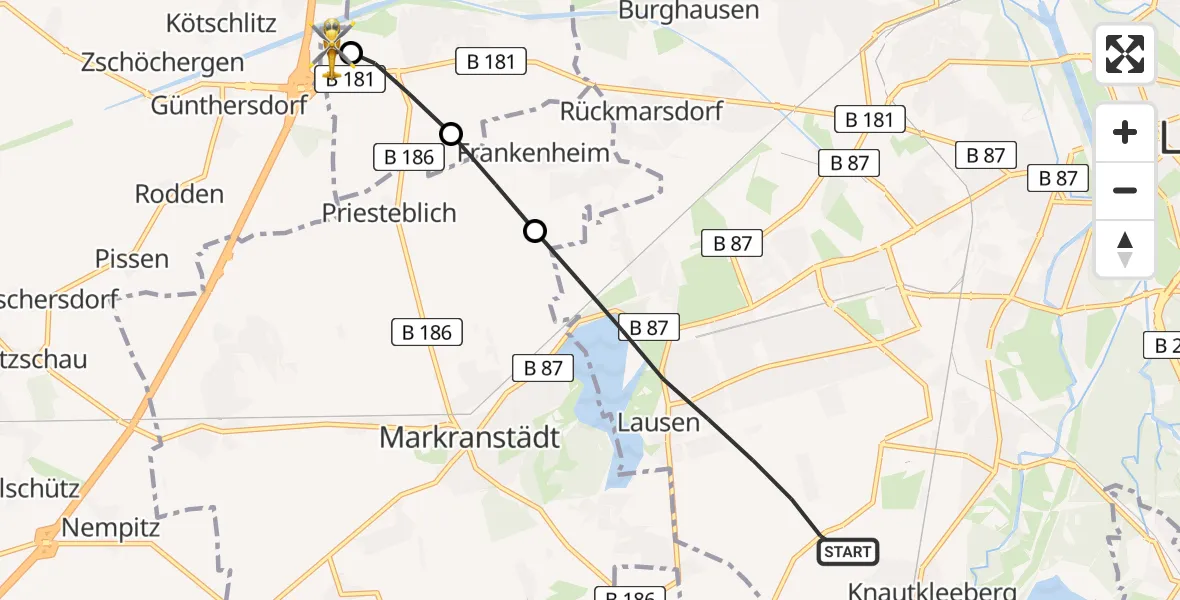 Flugroute Rettungshubschrauber Leipzig - ADAC Air Rescue Station Leipzig/Schkeuditz-Dölzig Hubschrauberlandeplatz (Christoph 61), 16 Juni 2026, 17:36