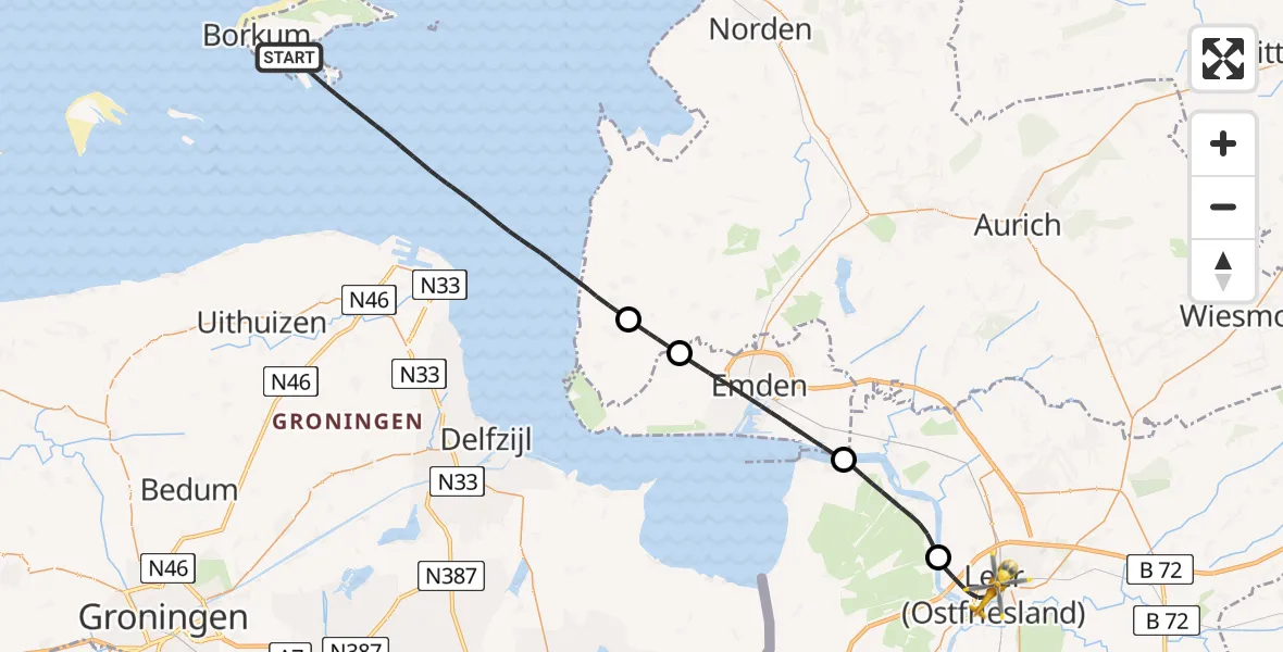Flugroute Ambulanzhubschrauber Noordzee - Leer (Ostfriesland), 16 Juni 2026, 17:44