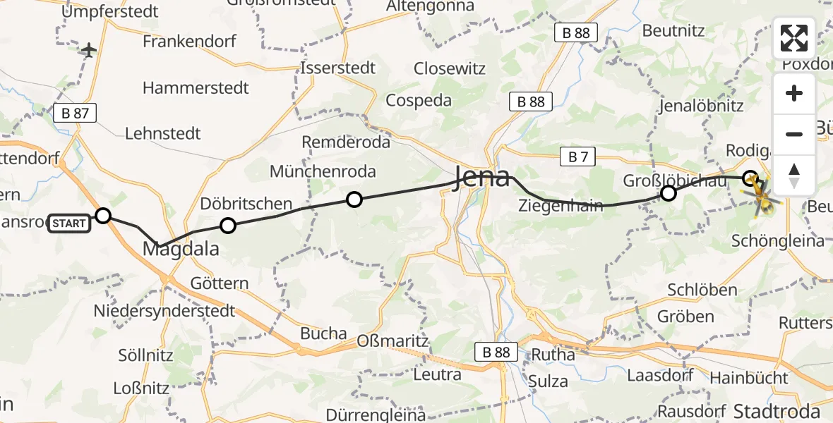 Flugroute Rettungshubschrauber Mechelroda - Bürgel, 16 Juni 2026, 17:55