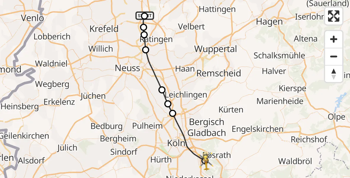 Flugroute Rettungshubschrauber Duisburg Air Rescue Hubschrauberlandeplatz (Christoph 9) - Köln Bonn Flughafen, 16 Juni 2026, 17:56