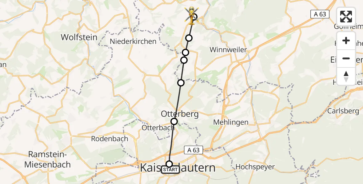Flugroute Rettungshubschrauber Westpfalz Hospital Kaiserslautern - Imsweiler UL, 16 Juni 2026, 18:01