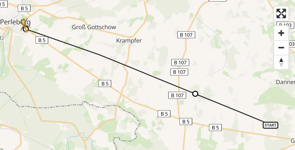 Flugroute Rettungshubschrauber Gumtow - Perleberg, 16 Juni 2026, 18:02