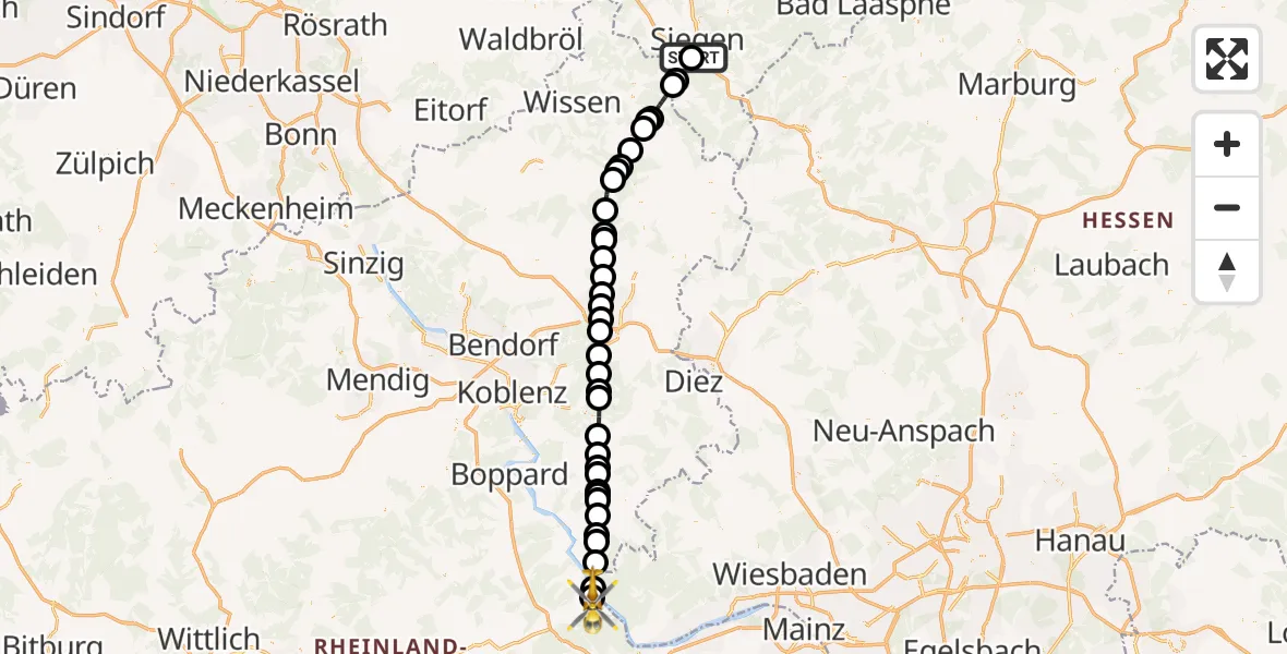 Flugroute Rettungshubschrauber Evangelisches Jung-Stilling Hospital - Oberdiebach, 16 Juni 2026, 18:03