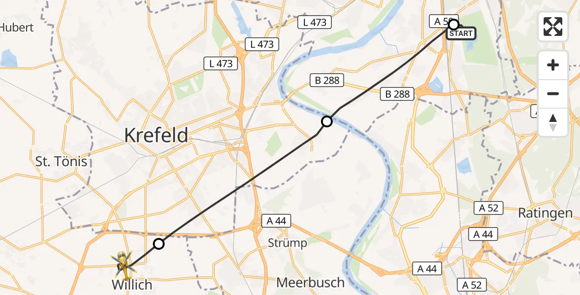 Flugroute Rettungshubschrauber Duisburg Air Rescue Hubschrauberlandeplatz (Christoph 9) - Willich, 16 Juni 2026, 18:04