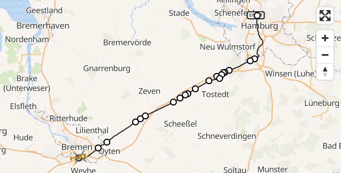 Flugroute Rettungshubschrauber Universitätsklinikum Hamburg-Eppendorf Hubschrauberlandeplatz - ADAC Air Rescue Station Bremen Hubschrauberlandeplatz (Christoph 6), 16 Juni 2026, 18:21