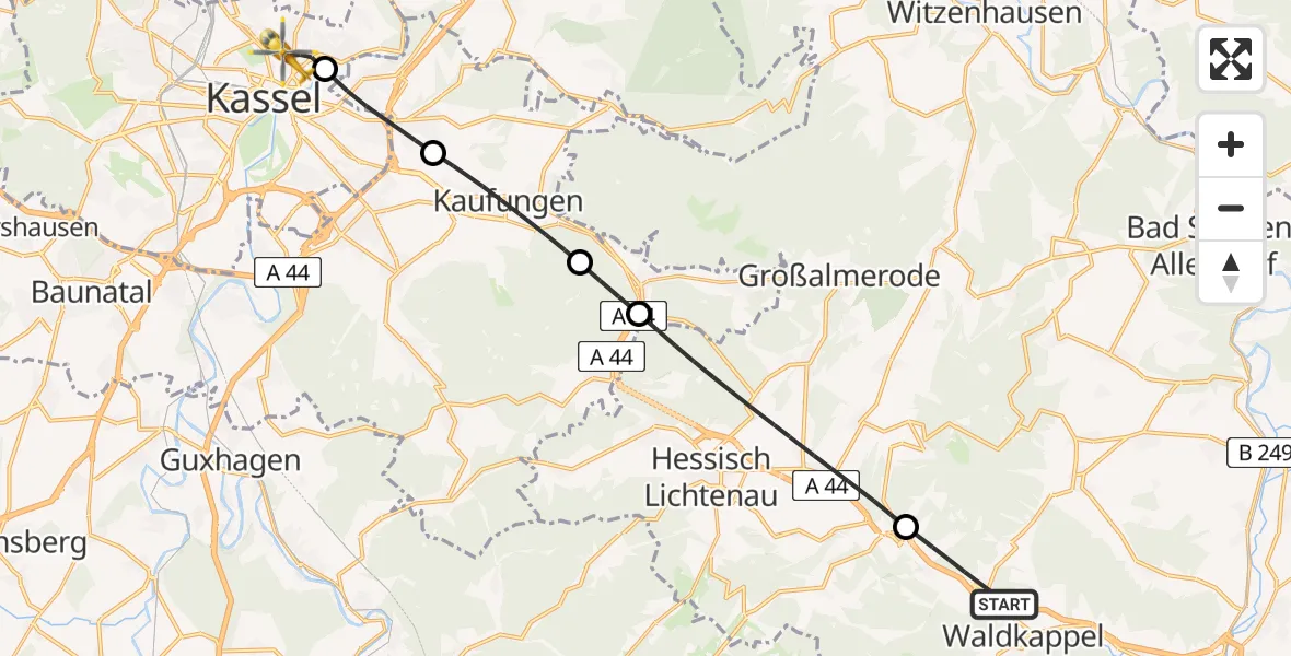 Flugroute Rettungshubschrauber Waldkappel - Kassel, 16 Juni 2026, 18:25