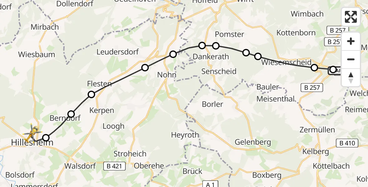 Flugroute Ambulanzhubschrauber Nürburgring Hubschrauberlandeplatz - Hillesheim, 16 Juni 2026, 18:30