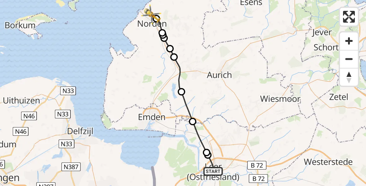 Flugroute Ambulanzhubschrauber Leer (Ostfriesland) - Norden, 16 Juni 2026, 18:32