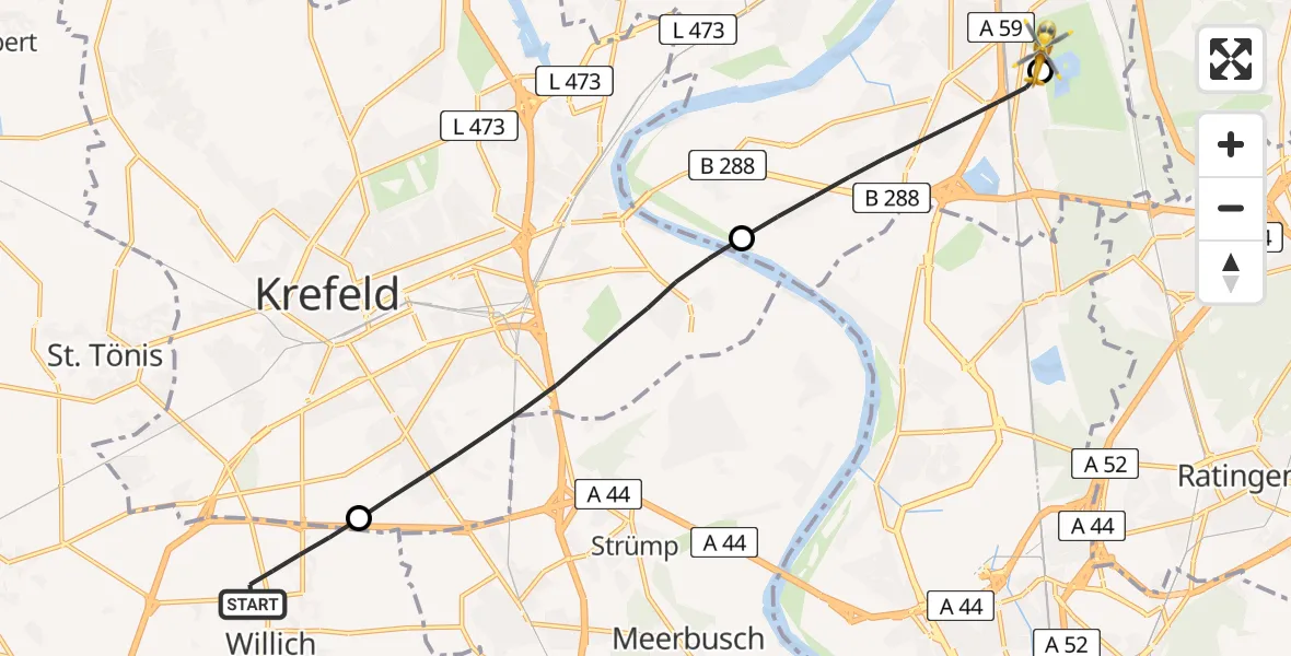 Flugroute Rettungshubschrauber Willich - Duisburg Air Rescue Hubschrauberlandeplatz (Christoph 9), 16 Juni 2026, 18:38