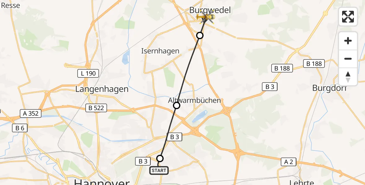 Flugroute Rettungshubschrauber Hannover Luftrettung Hubschrauberlandeplatz (Christoph 4) - Burgwedel, 16 Juni 2026, 18:45