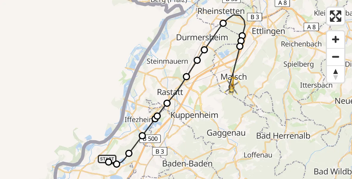 Flugroute Rettungshubschrauber Karlsruhe Baden-Baden Flughafen - Malsch, 16 Juni 2026, 19:04