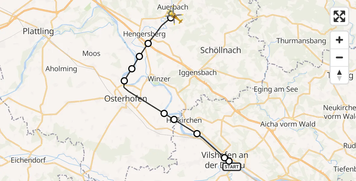 Flugroute Rettungshubschrauber Vilshofen an der Donau - Auerbach, 16 Juni 2026, 19:06