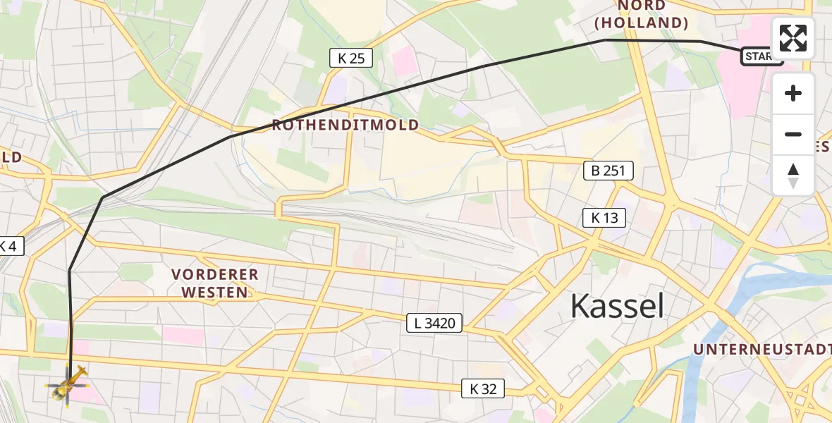 Flugroute Rettungshubschrauber Kassel - Kassel, 16 Juni 2026, 19:06