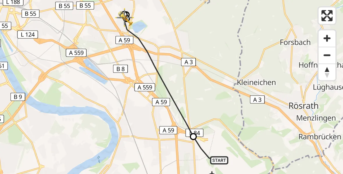 Flugroute Rettungshubschrauber Köln Bonn Flughafen - Köln, 16 Juni 2026, 19:11