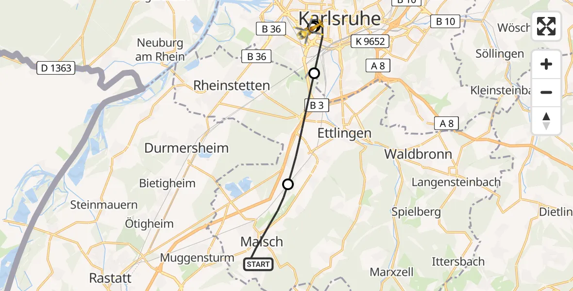 Flugroute Rettungshubschrauber Malsch - Sankt Vincentius Hospital, 16 Juni 2026, 19:19