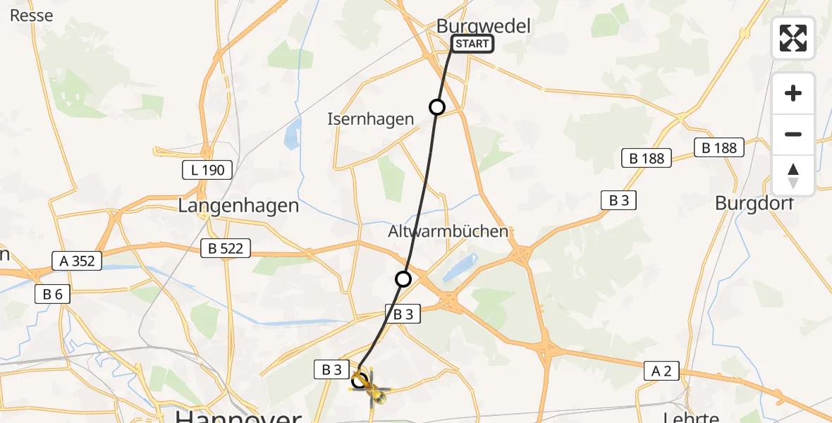 Flugroute Rettungshubschrauber Burgwedel - Hannover Luftrettung Hubschrauberlandeplatz (Christoph 4), 16 Juni 2026, 19:26