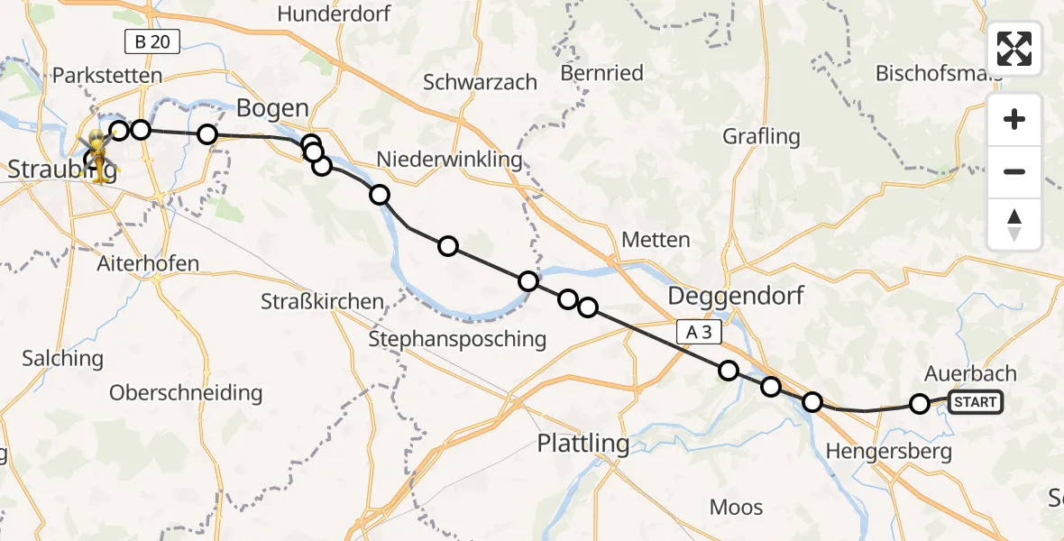 Flugroute Rettungshubschrauber Auerbach - Sankt Elisabeth Hospital Straubing, 16 Juni 2026, 19:33