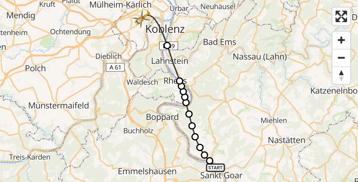 Flugroute Rettungshubschrauber Sankt Goar - Koblenz, 16 Juni 2026, 19:48