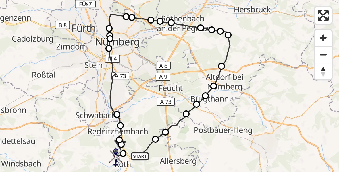 Flugroute Polizeihubschrauber Roth - Büchenbach, 16 Juni 2026, 19:52