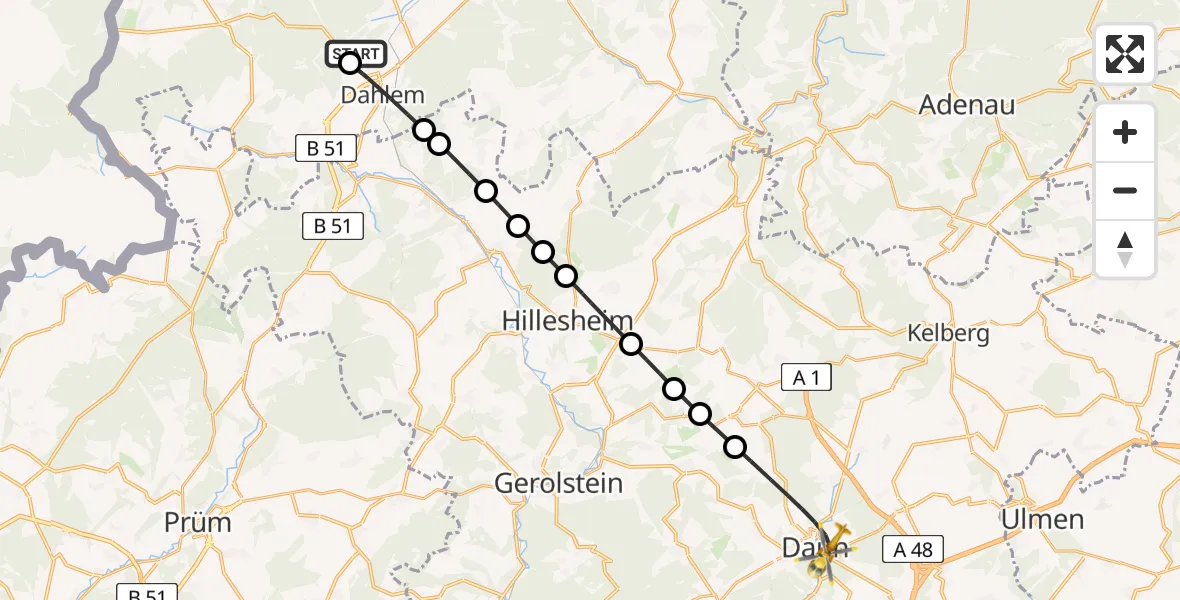 Flugroute Ambulanzhubschrauber Dahlemer Binz Flugplatz - Daun, 16 Juni 2026, 20:05