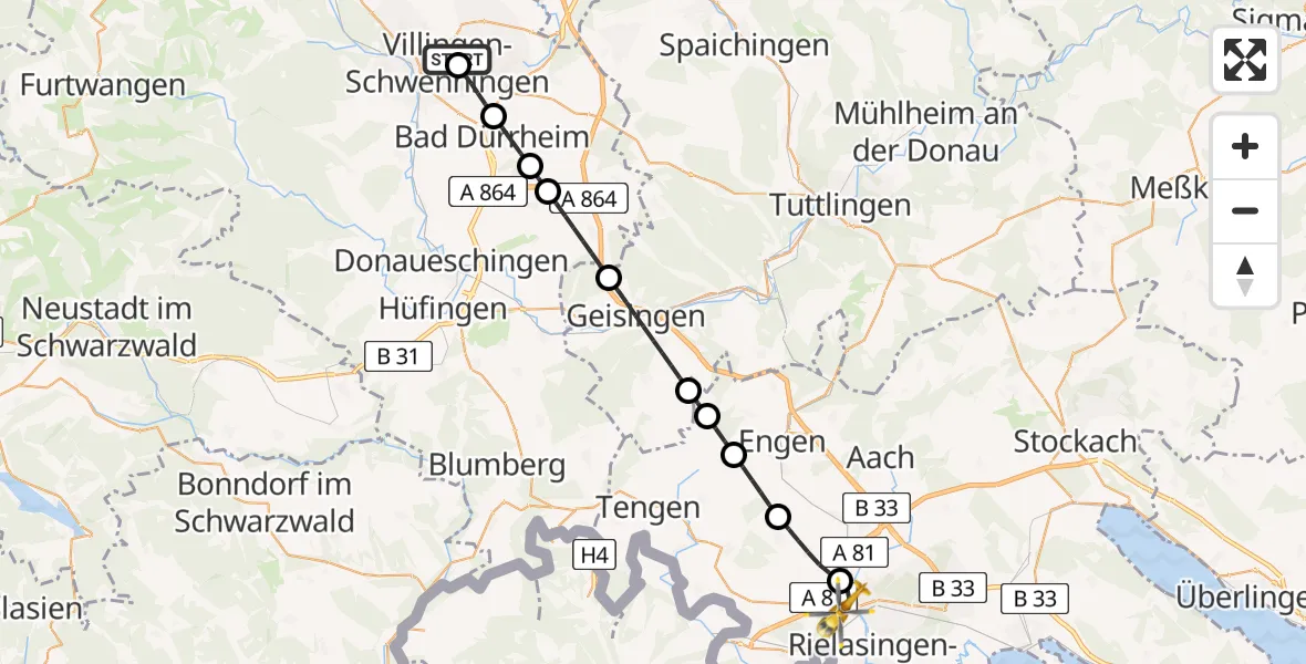 Flugroute Ambulanzhubschrauber DRF Air Rescue Station Villingen-Schwenningen Hubschrauberlandeplatz (Christoph 11) - Singen (Hohentwiel), 16 Juni 2026, 20:10