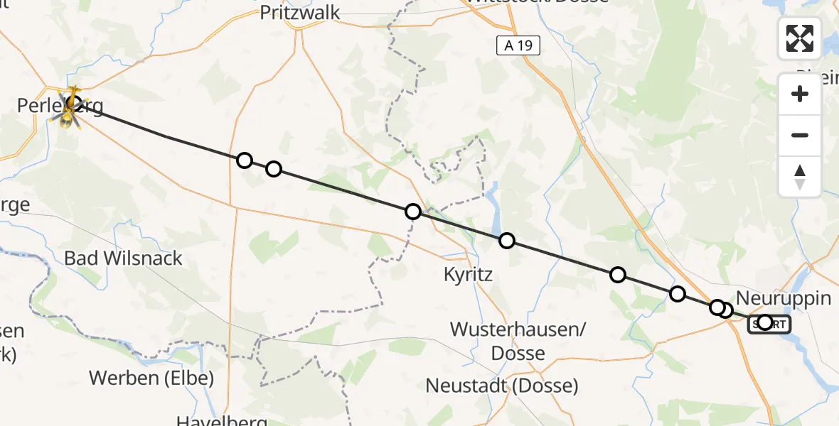 Flugroute Rettungshubschrauber Rupin Hospital - Perleberg, 16 Juni 2026, 20:12