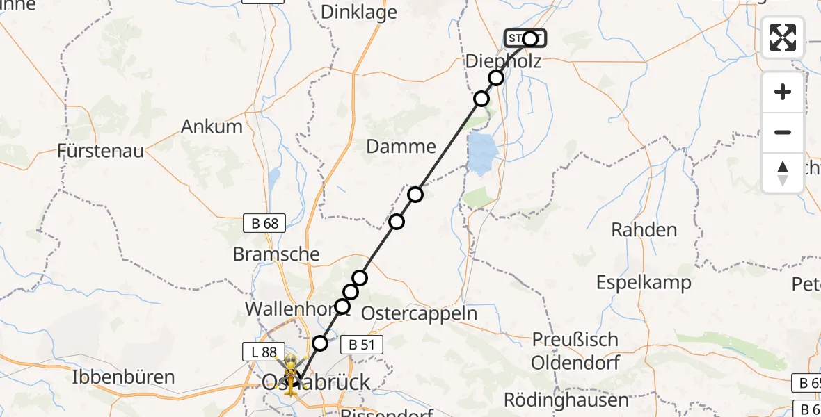 Flugroute Ambulanzhubschrauber Drebber - Osnabrück Hospital, 16 Juni 2026, 20:41