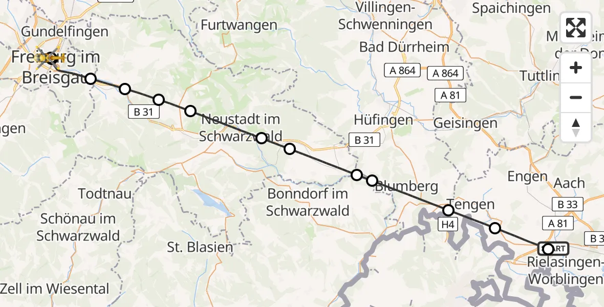 Flugroute Ambulanzhubschrauber Singen (Hohentwiel) - Freiburg University Hospital Heliport 1, 16 Juni 2026, 21:05