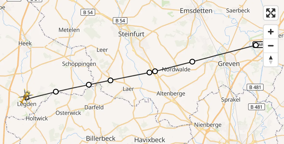 Flugroute Ambulanzhubschrauber Christoph  Westfalen-ADAC - Legden, 16 Juni 2026, 22:03