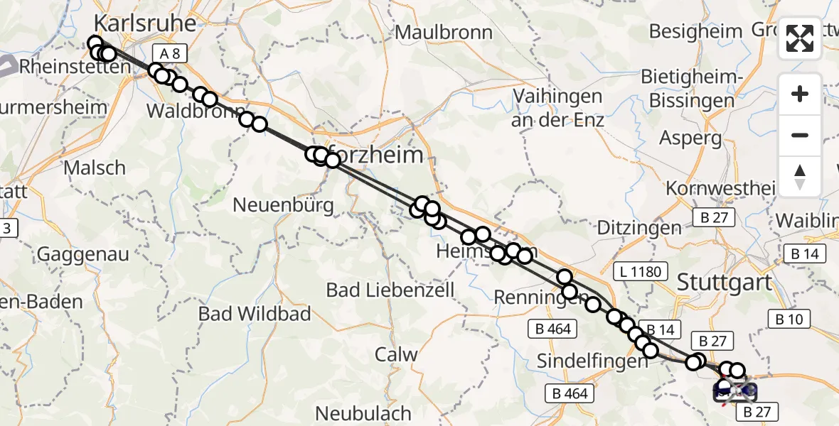 Flugroute Polizeihubschrauber Flughafen Stuttgart - Flughafen Stuttgart, 16 Juni 2026, 22:04